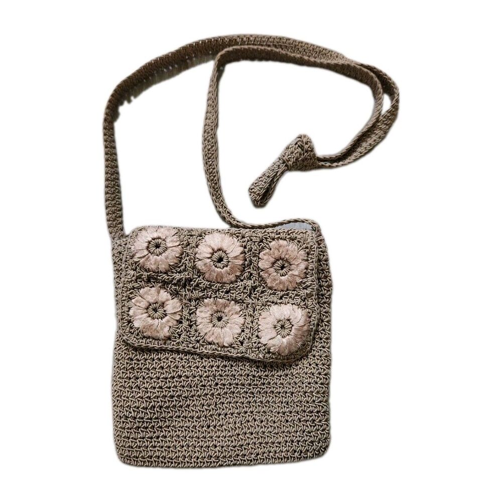 VTG Amanda Smith Crochet Crossbody Purse Oatmeal Floral Zip Y2K 90s GUC